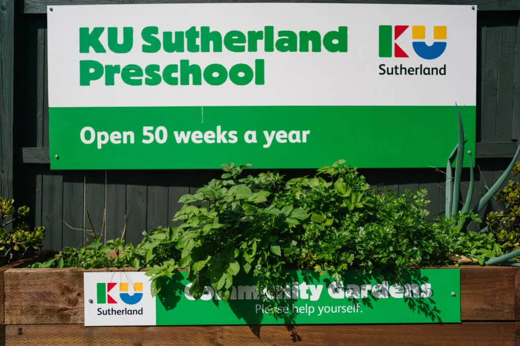 KU Sutherland childcare sign saying open 50 weeks a year